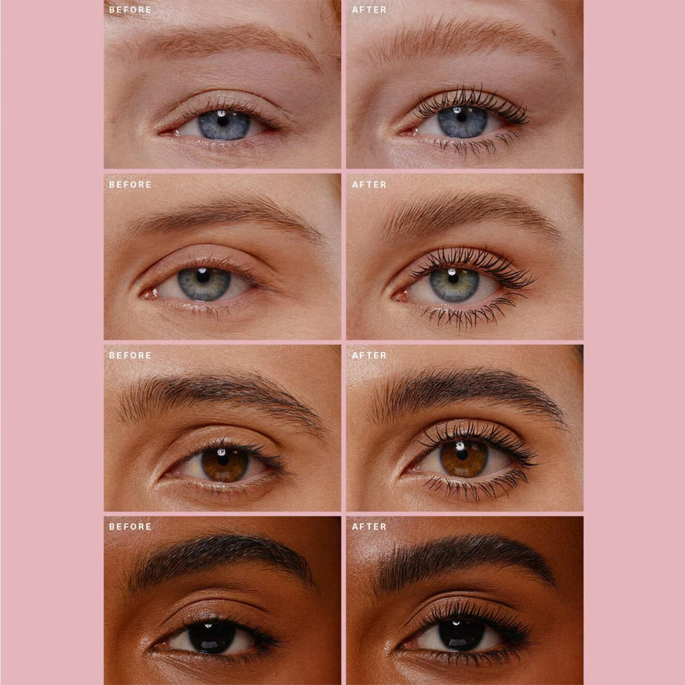 Rare Beauty Lash & Brow Essentials Set shows defined lashes and sculpted brows.