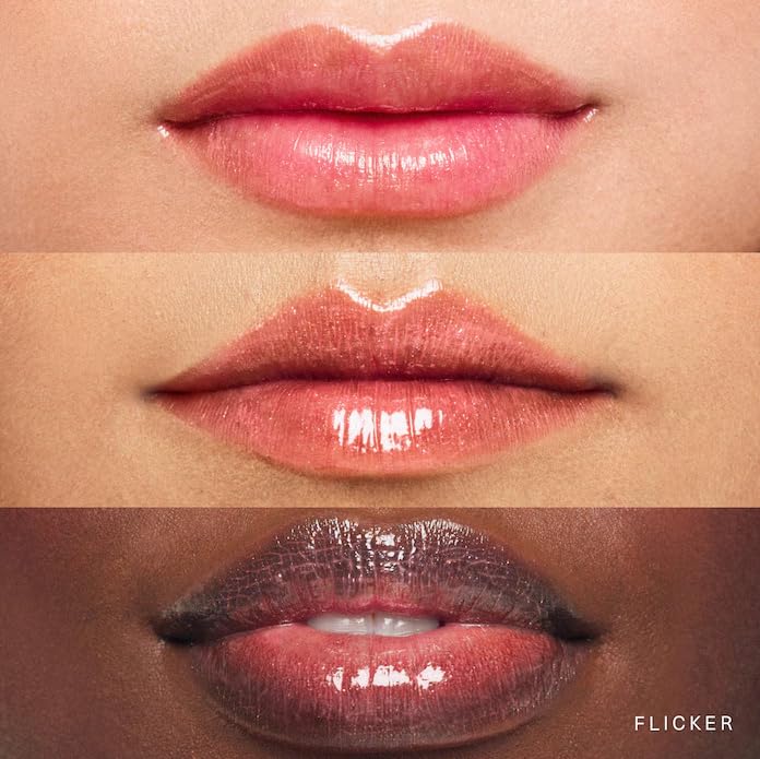 Rare Beauty Glimmer lip gloss closeup highlights champagne shimmer for long-lasting radiance.