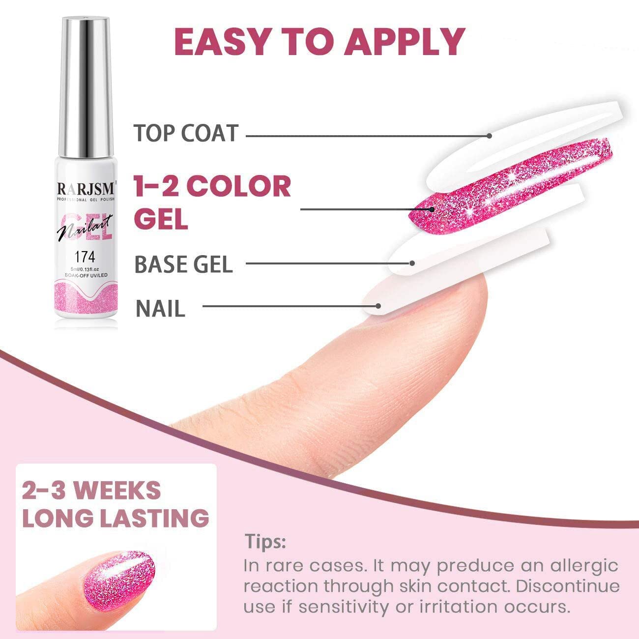 RARJSM safety warnings nail art gel—follow directions to avoid irritation.