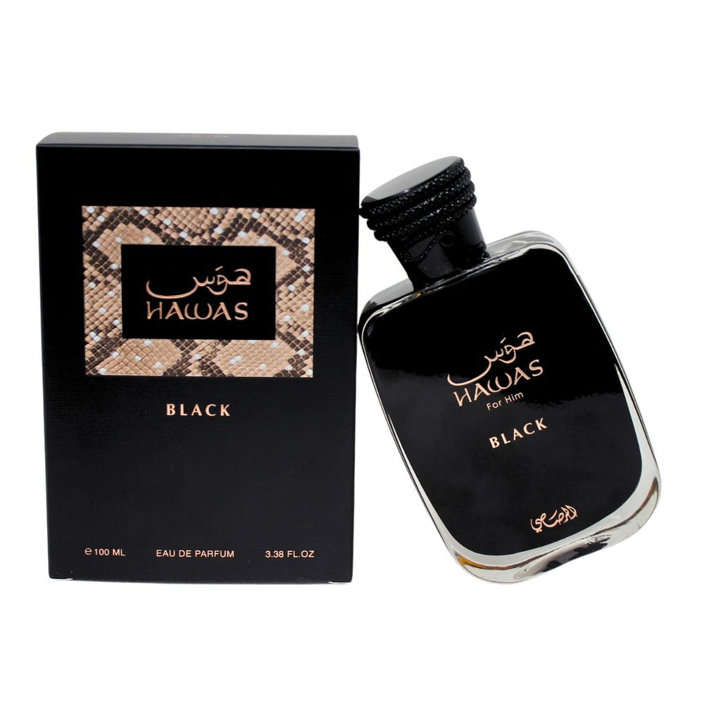 RASASI Hawas Black base-notes graphic showcasing oakmoss and amber warmth