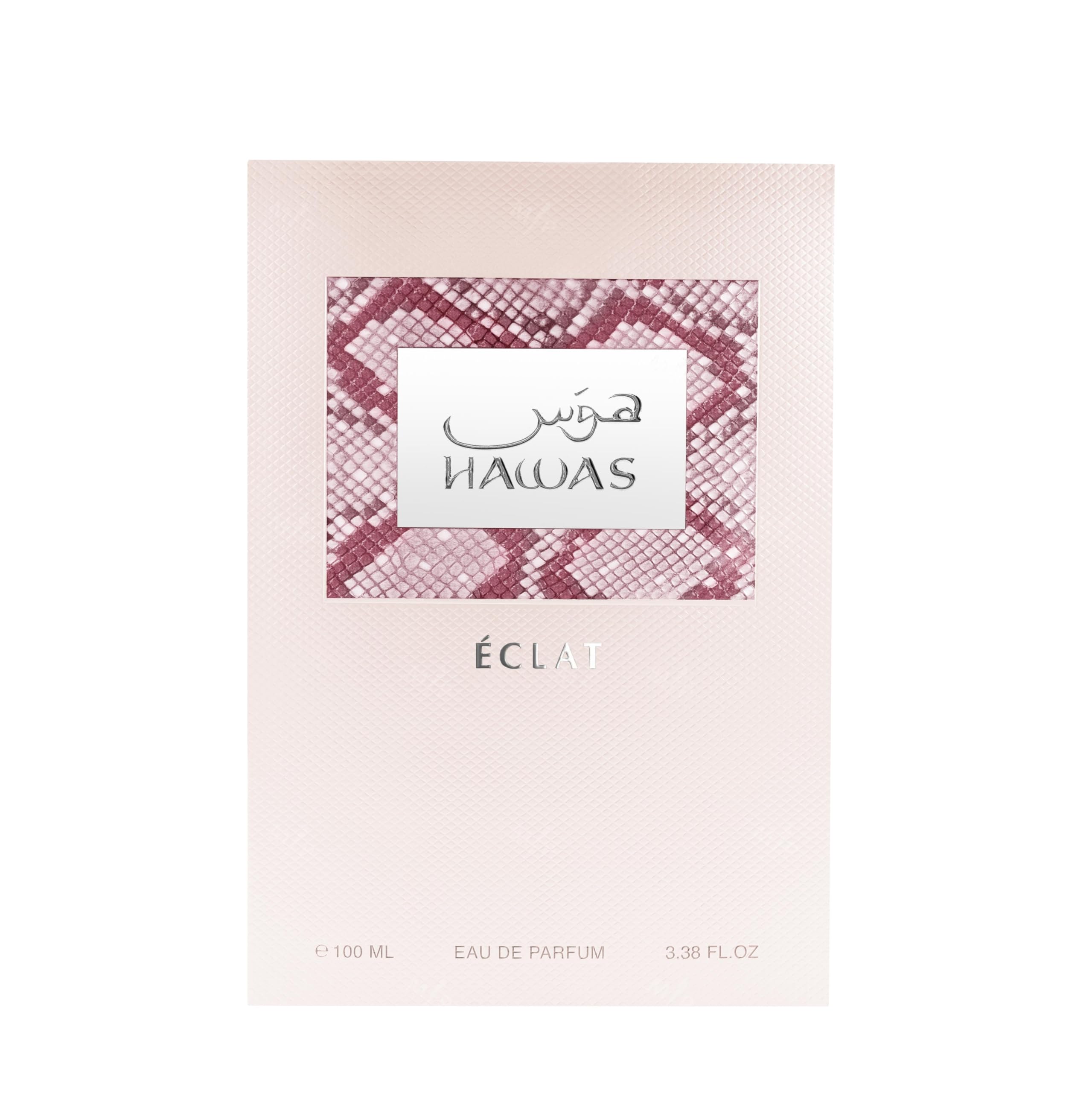 Rasasi Hawas Eclat for Women flacon in premium glass showcases evolving fragrance from day to night