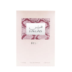 Rasasi Hawas Eclat for Women flacon in premium glass showcases evolving fragrance from day to night