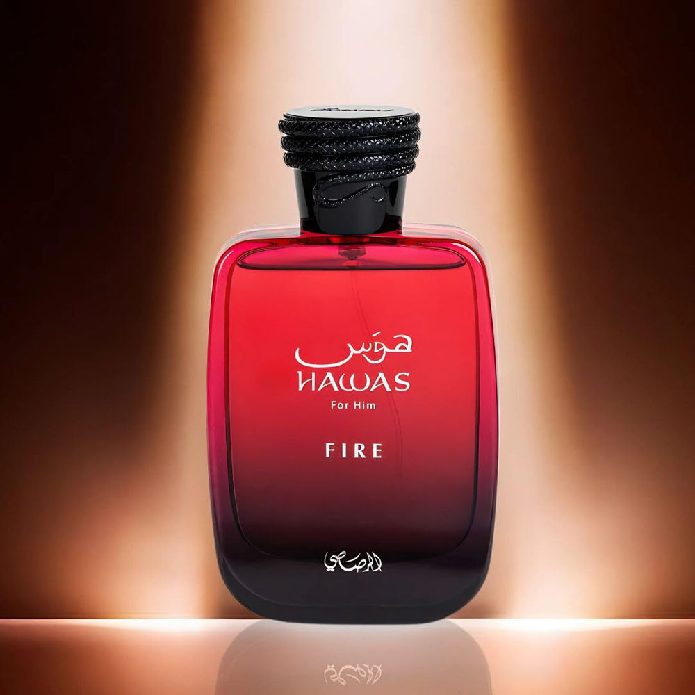 RASASI Hawas Fire advertisement poster mockup, bold masculine presentation.