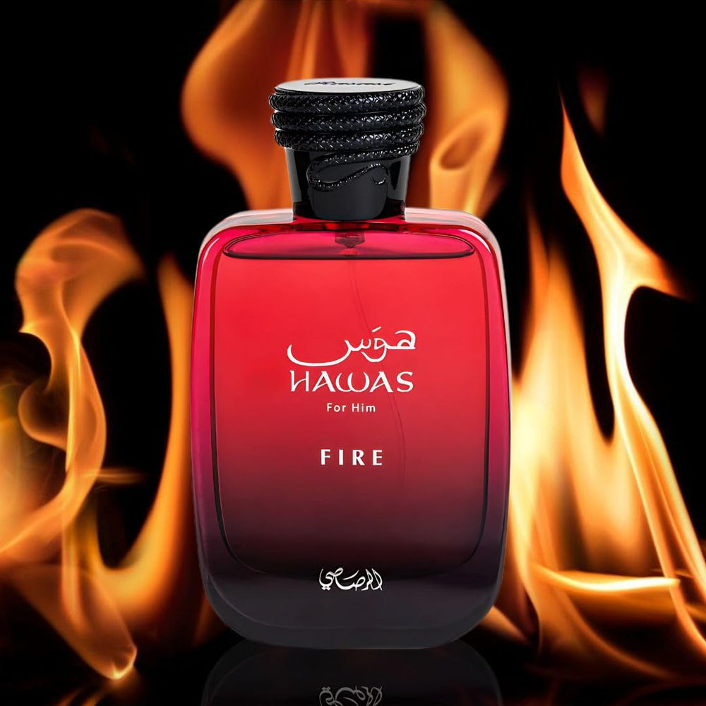 RASASI Hawas Fire label close-up, clary sage and jasmine notes for refined masculinity.