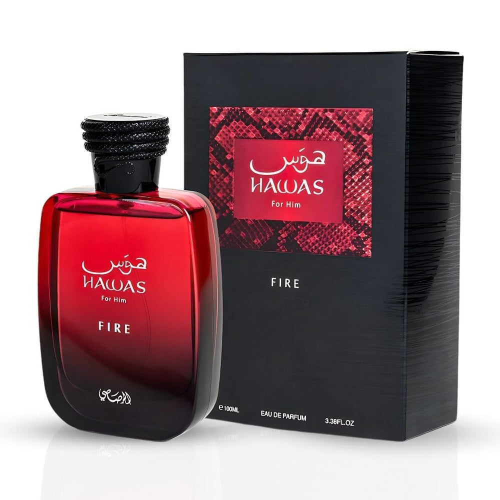 RASASI Hawas Fire candle-lit display, premium oriental perfume.