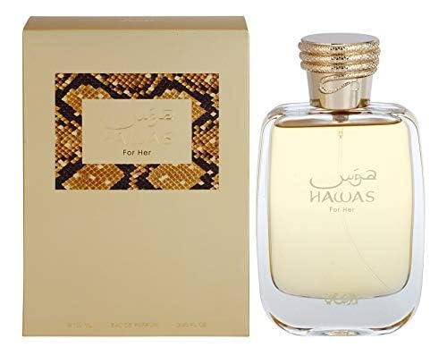 RASASI Hawas For Her middle-notes jasmine iris reveal elegant heart scent for daytime sophistication.