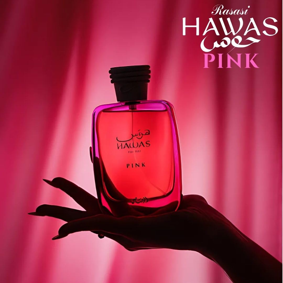 RASASI Hawas Pink bottle side highlights sleek design for gifting or dressing-table display.