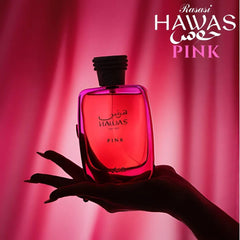 RASASI Hawas Pink bottle side highlights sleek design for gifting or dressing-table display.