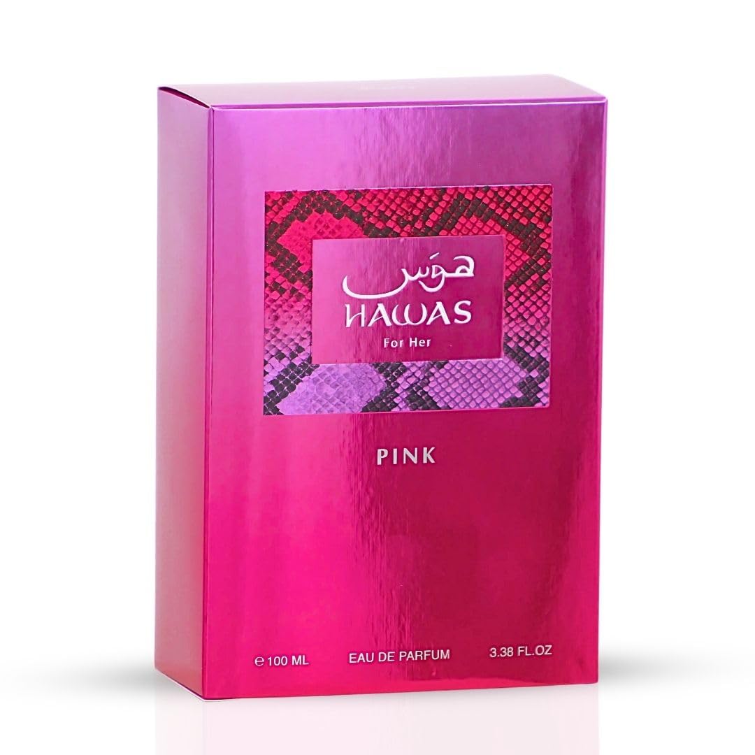RASASI Hawas Pink perfume drops highlight vibrant color and premium scent for gifting or display.