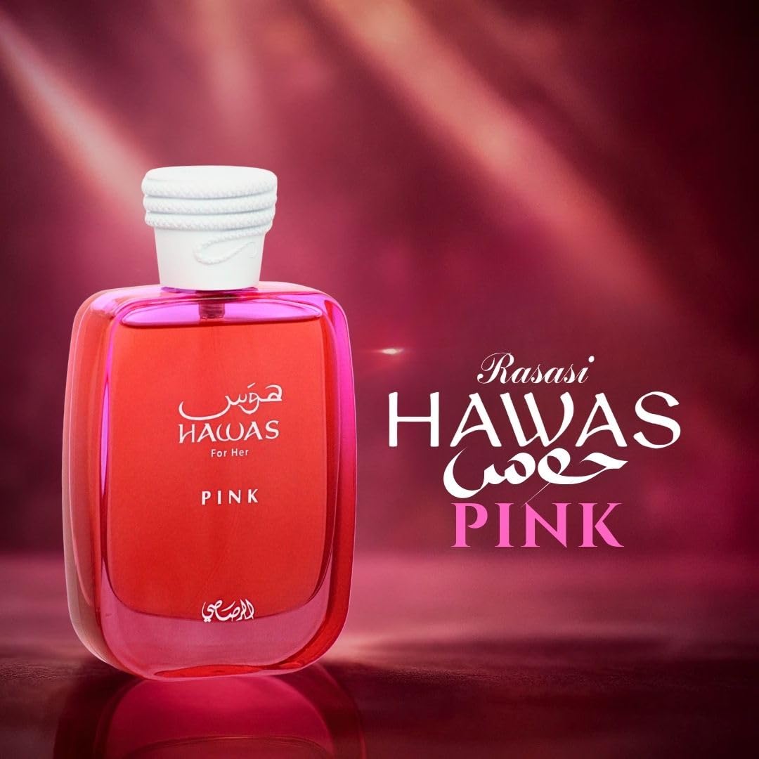 RASASI Hawas Pink marshmallow and tuberose core hints at gourmand-floral balance.