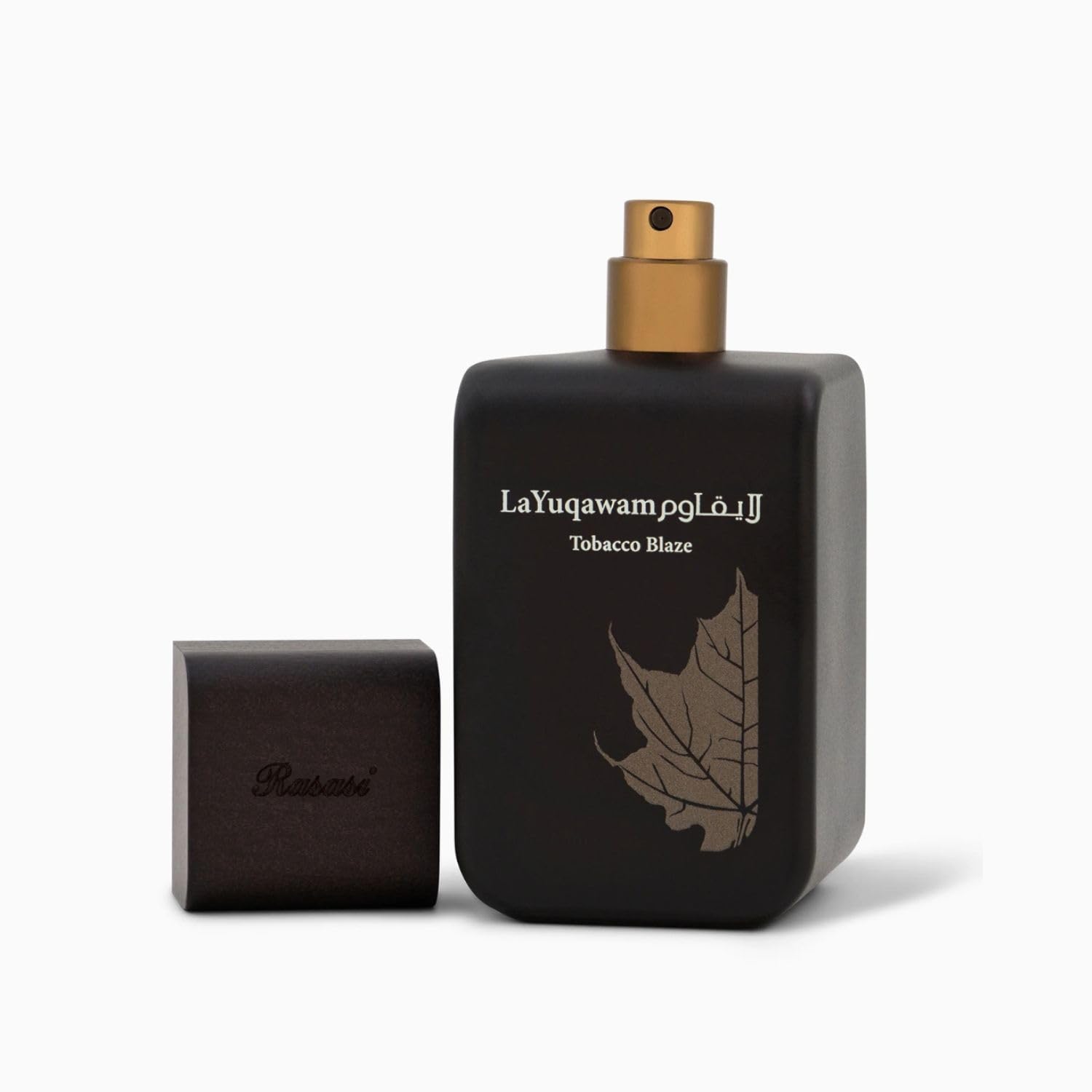 Rasasi La Yuqawam Tobacco Blaze leather-detail shot highlights masculine, sophisticated wearer appeal.