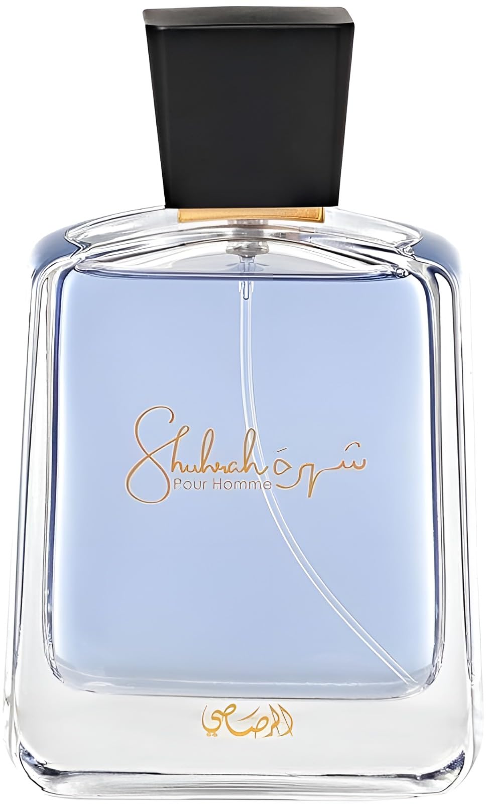 RASASI Shuhrah for Men bottle close-up, bold projection for evenings and confidence.