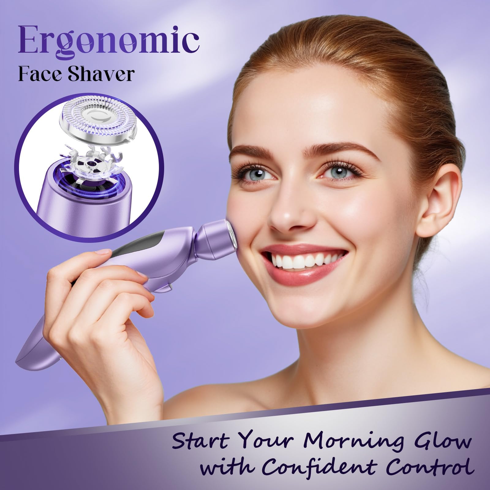 Rategist facial razor head close-up shows precise shaping for chin and lips.