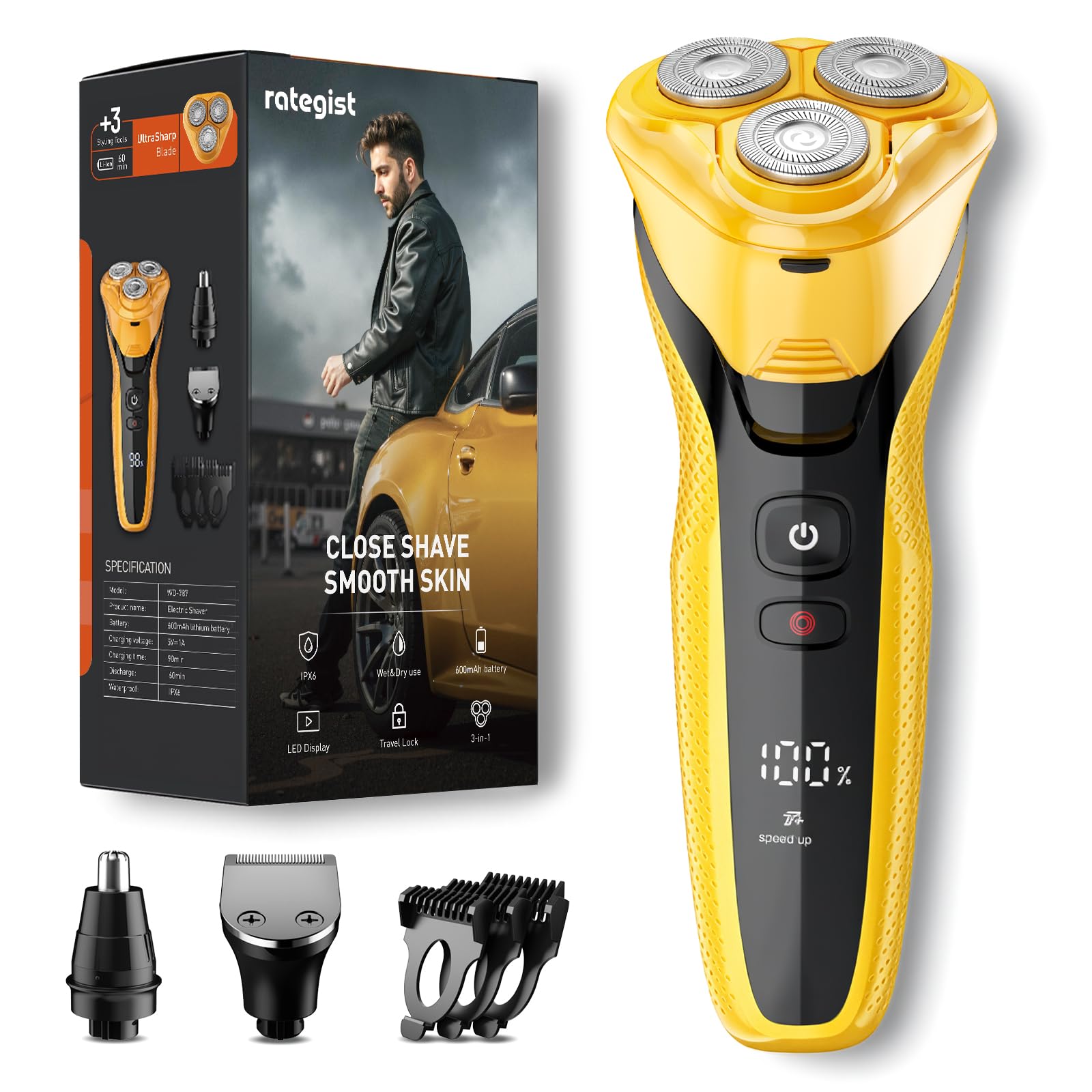 Rategist rechargeable electric razor cyber yellow front view for on-the-go grooming.