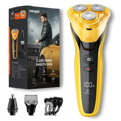 Rategist rechargeable electric razor cyber yellow front view for on-the-go grooming.