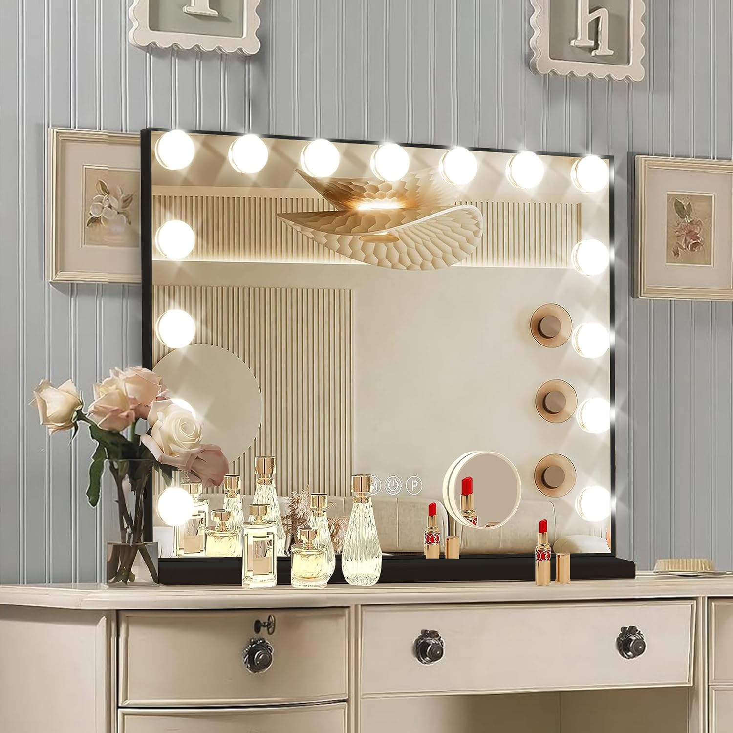 ratsamee black Hollywood vanity mirror front lit for flawless makeup lighting
