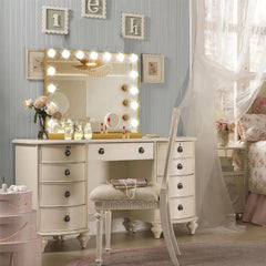 Ratsamee Gold Hollywood Mirror dimming settings demonstrate adjustable brightness.