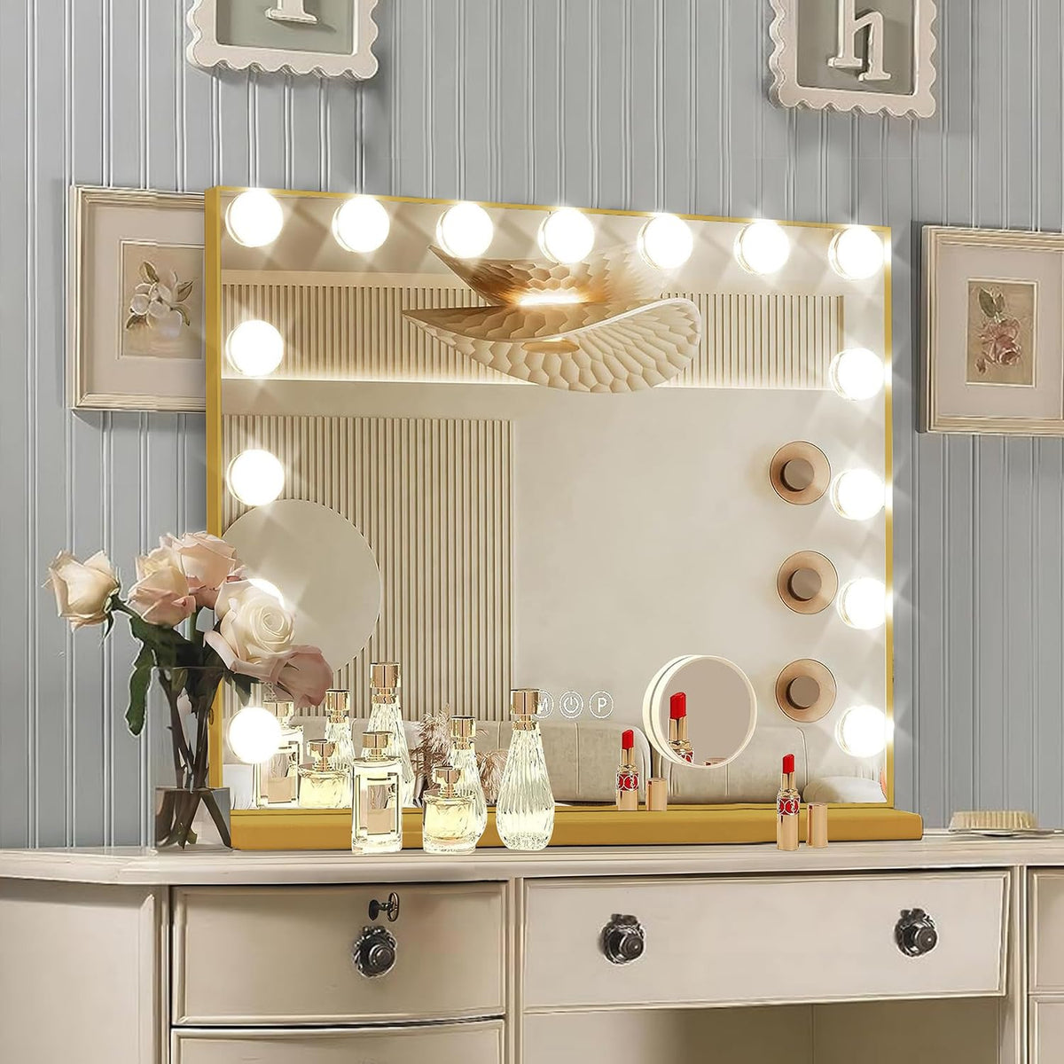 Ratsamee Gold Hollywood Mirror front view showing elegant design for makeup desks.