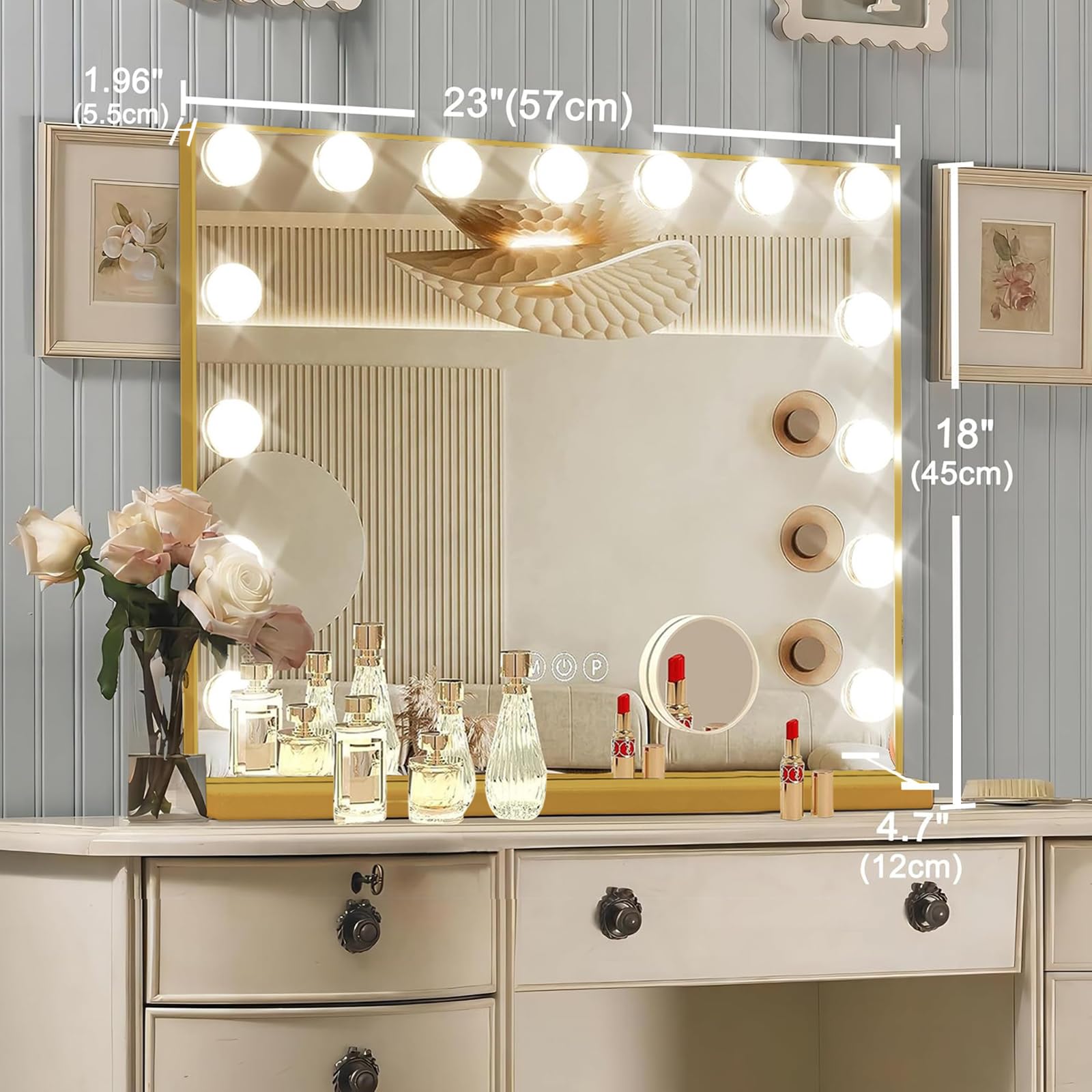 Ratsamee Gold Hollywood Mirror side view highlighting sturdy aluminum frame.