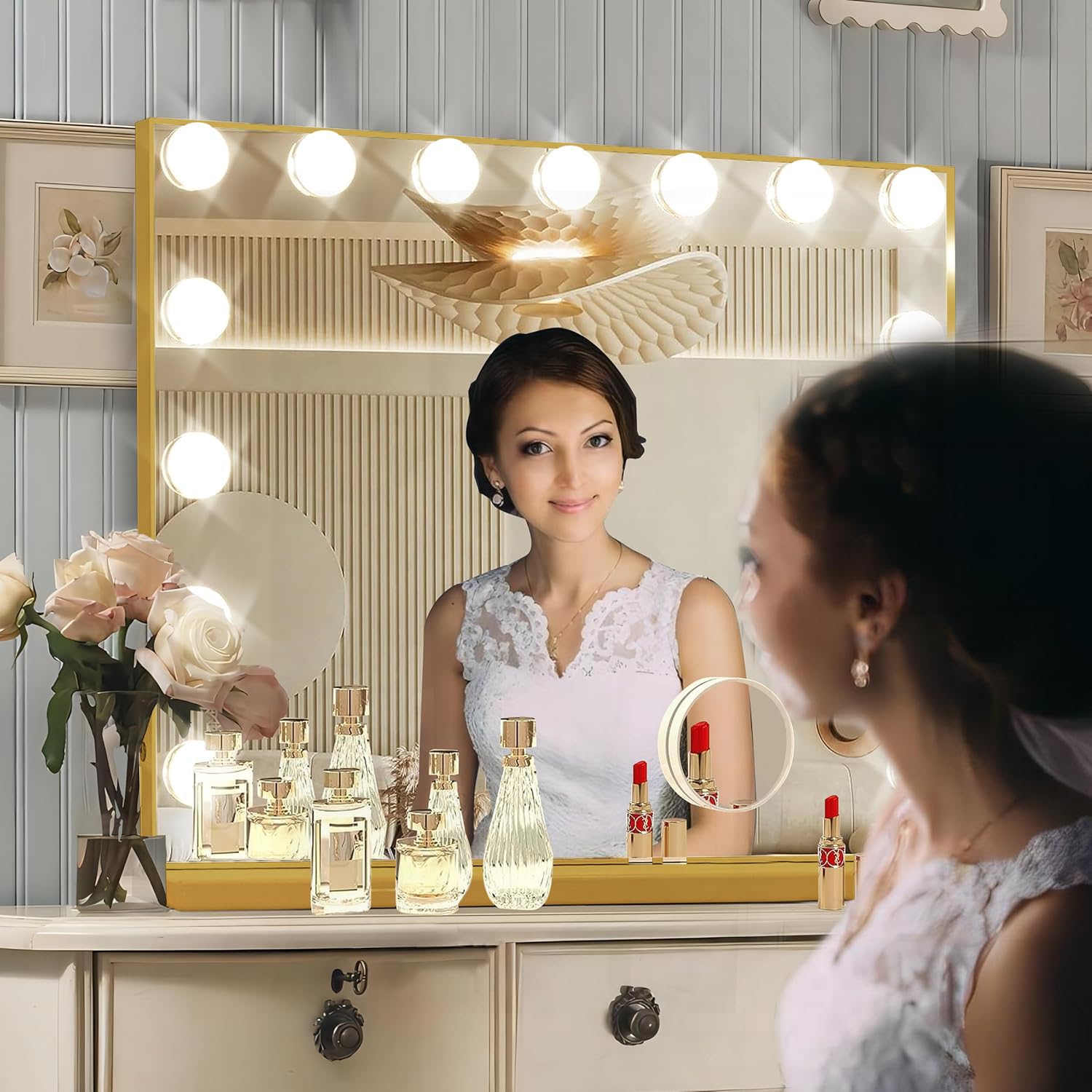 Ratsamee Gold Hollywood Mirror USB port for convenient device charging.