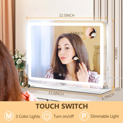 Ratsamee vanity mirror 3-color dimmable light demonstrates warm to cool tones for tasks.