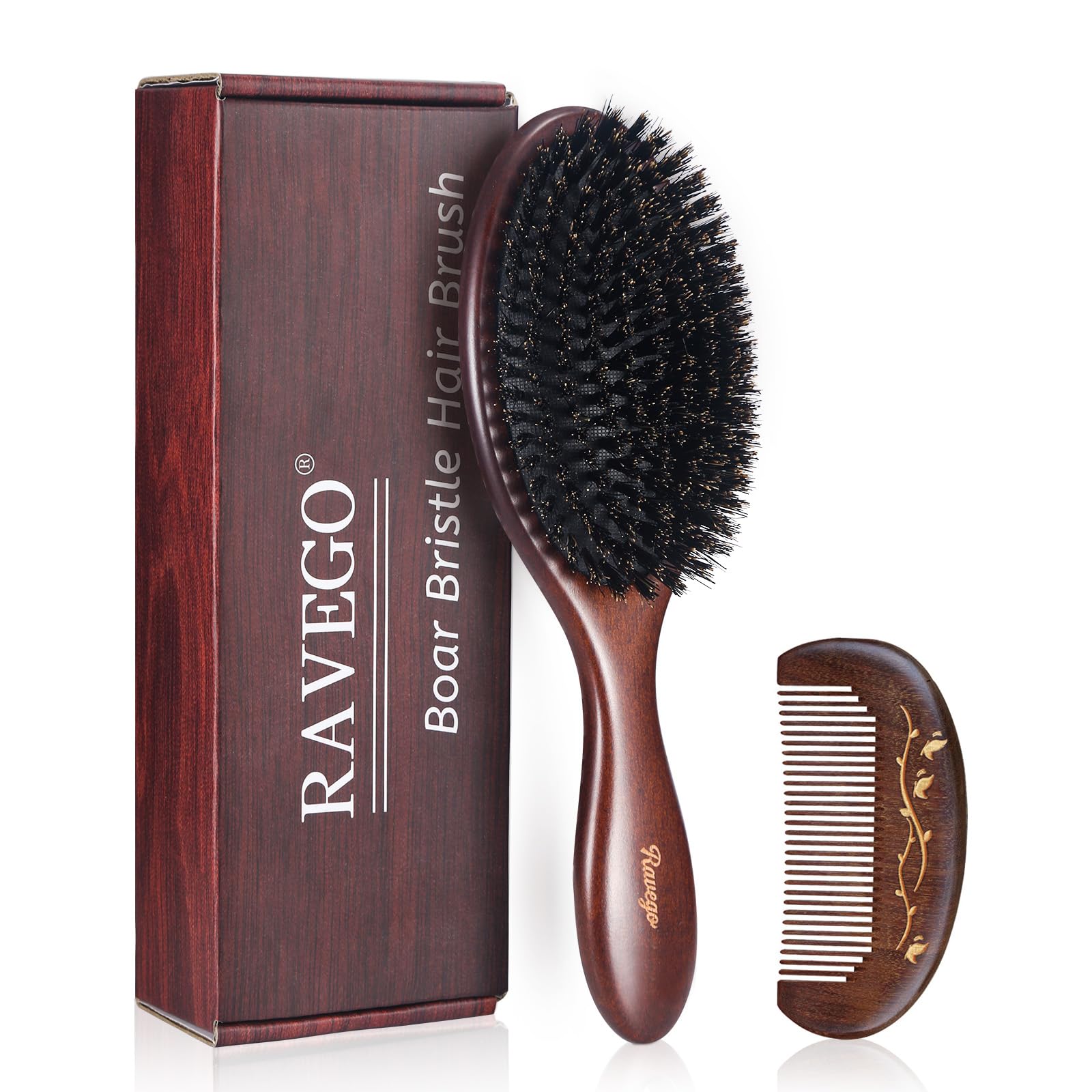 RAVEGO hair brush wooden handle closeup shows premium bristles for smooth detangling