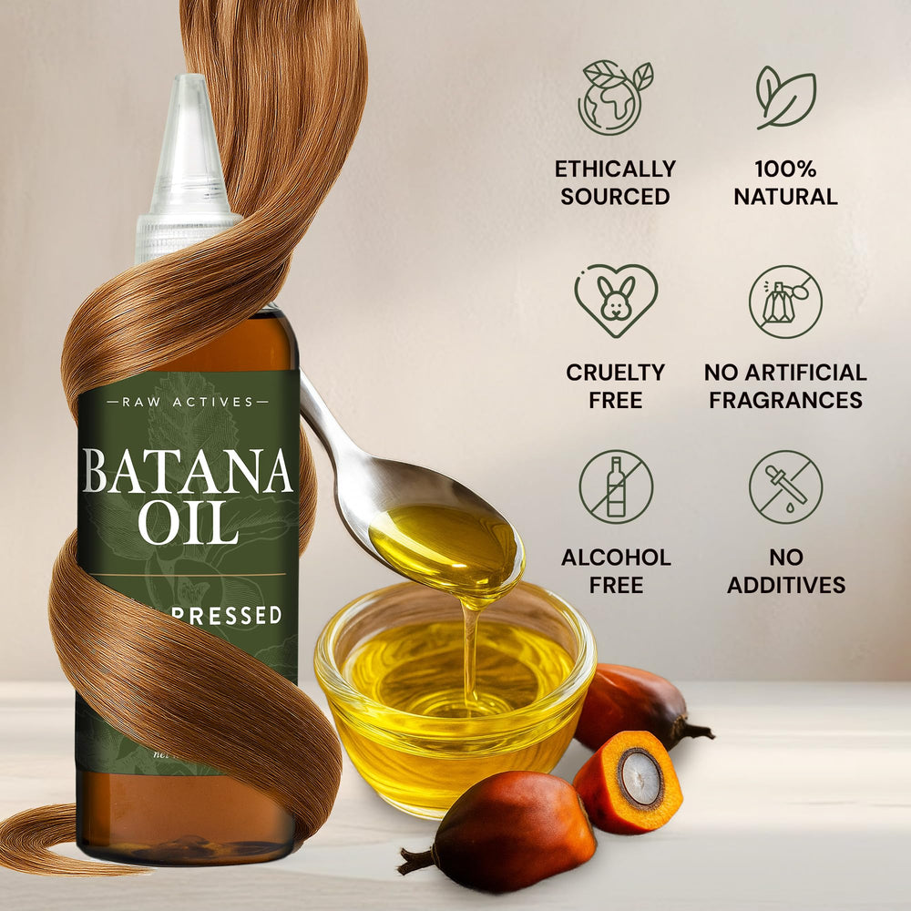 RAW ACTIVES Batana Oil ingredients closeup highlighting natural nutrients for healthier strands.