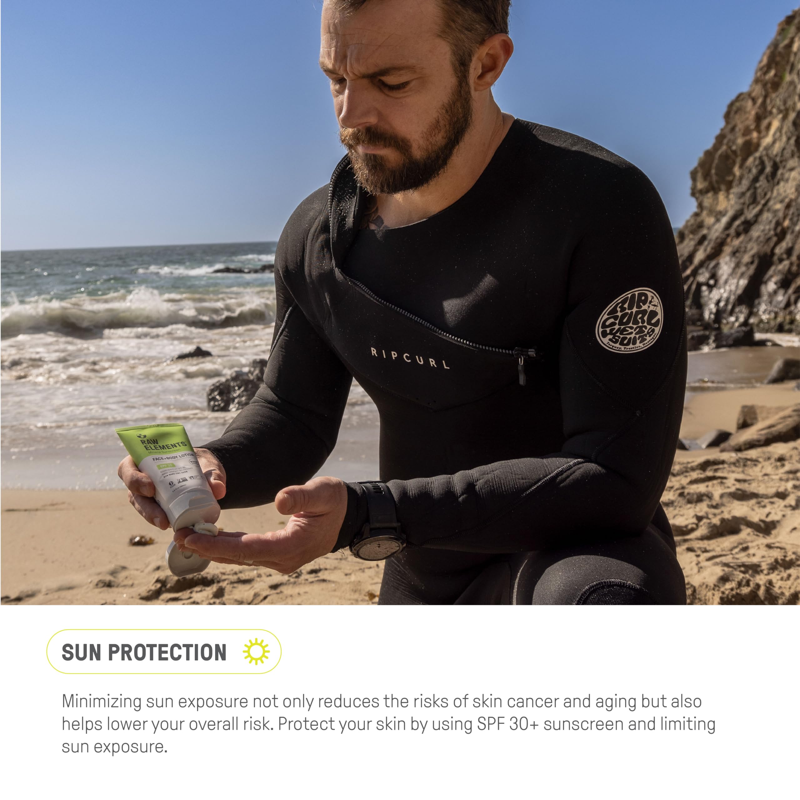 Raw Elements cruelty-free certification stamp reinforces ethics in daily sun care.