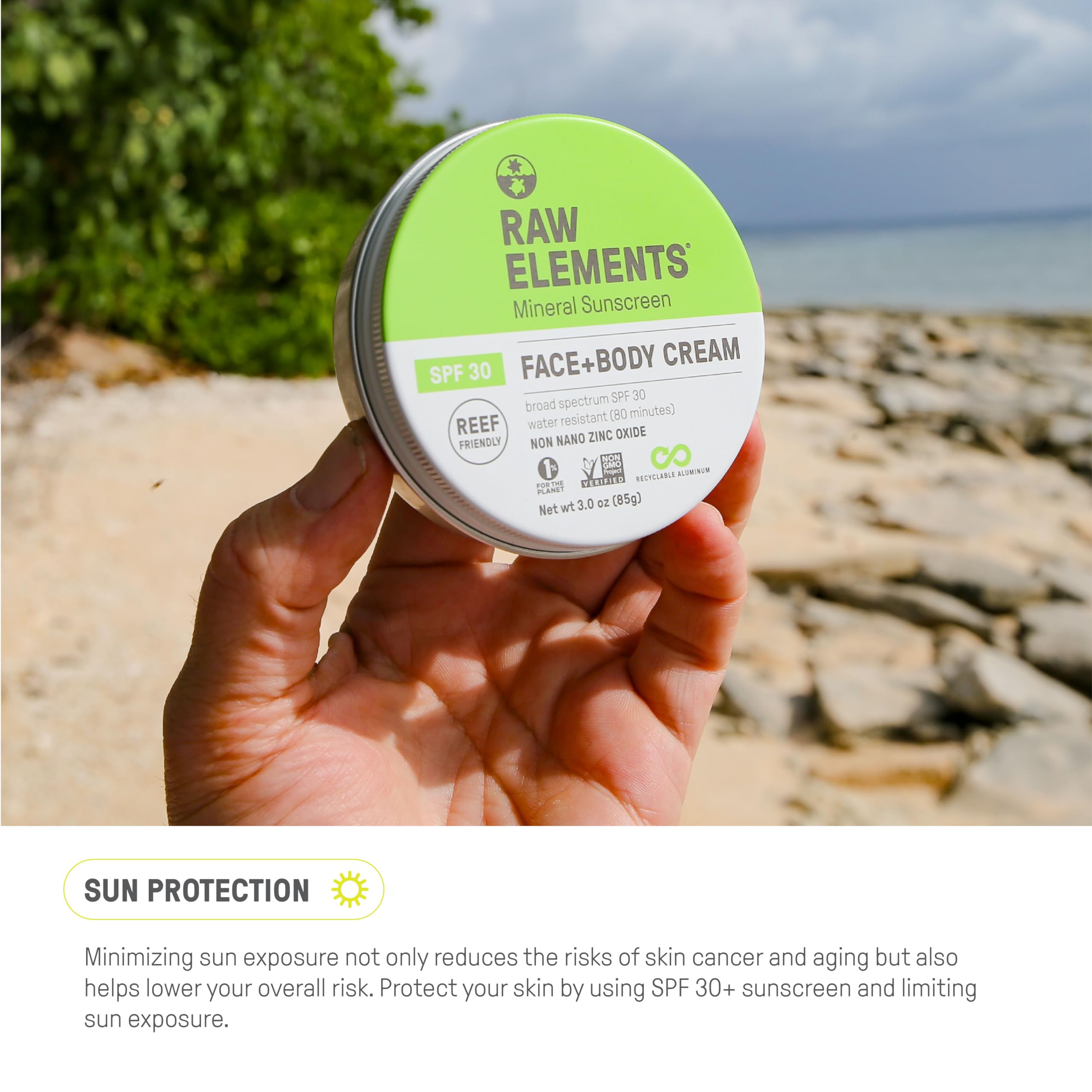Raw Elements recyclable tin packaging highlights sustainable, plastic-free sun protection