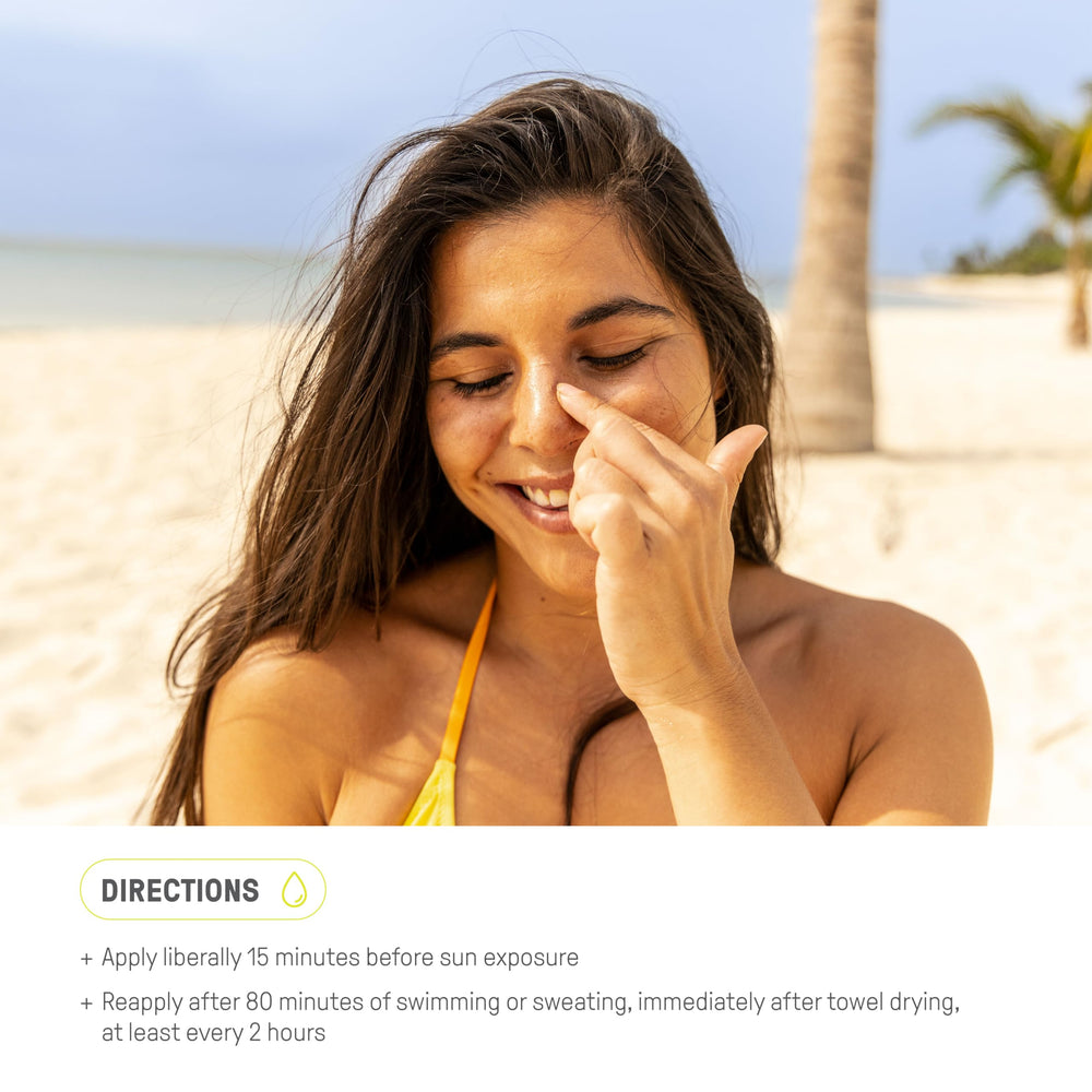 Raw Elements reef-safe formula with ocean backdrop communicates eco-conscious skincare.
