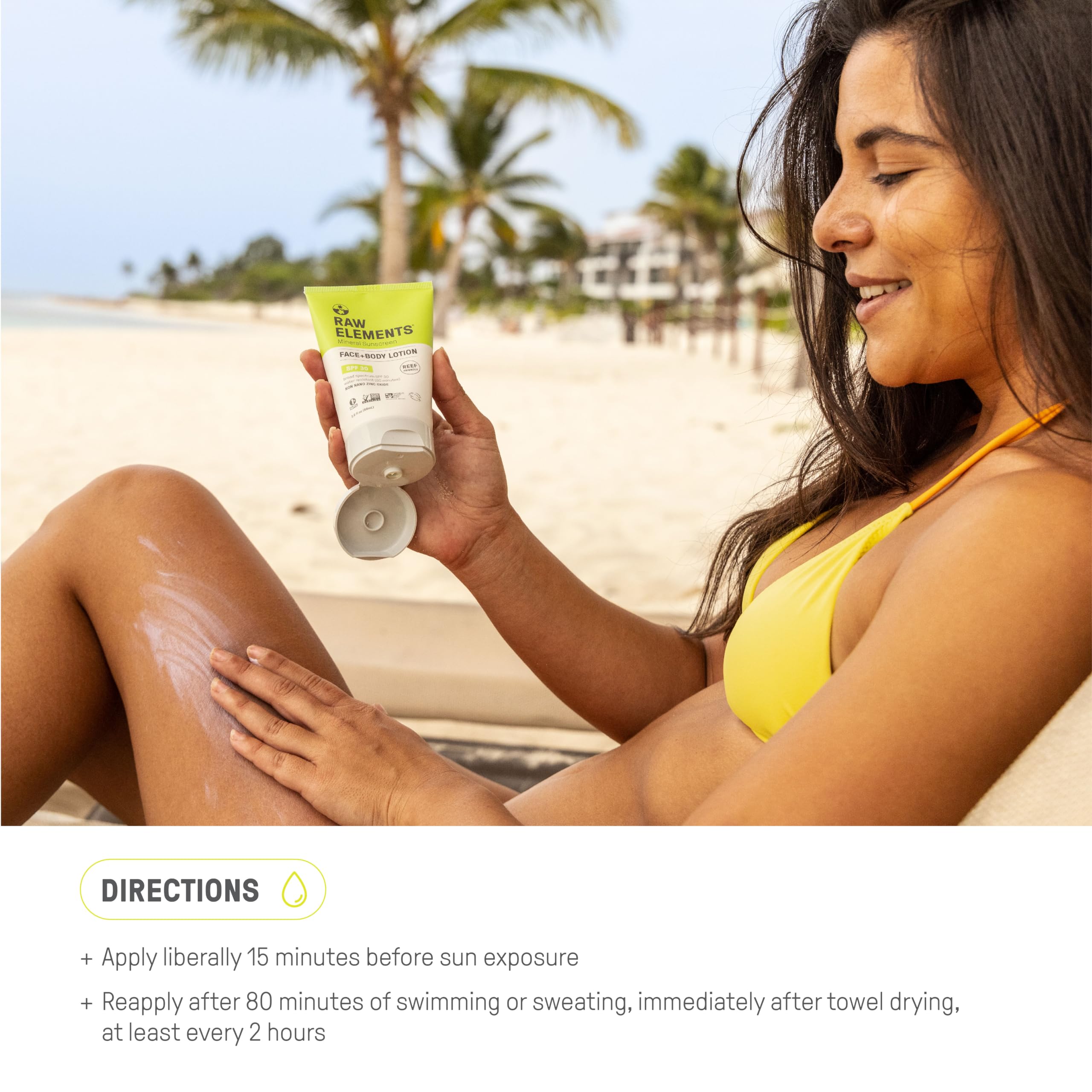 Raw Elements reef-safe formulation headline communicates environmentally friendly sun protection.
