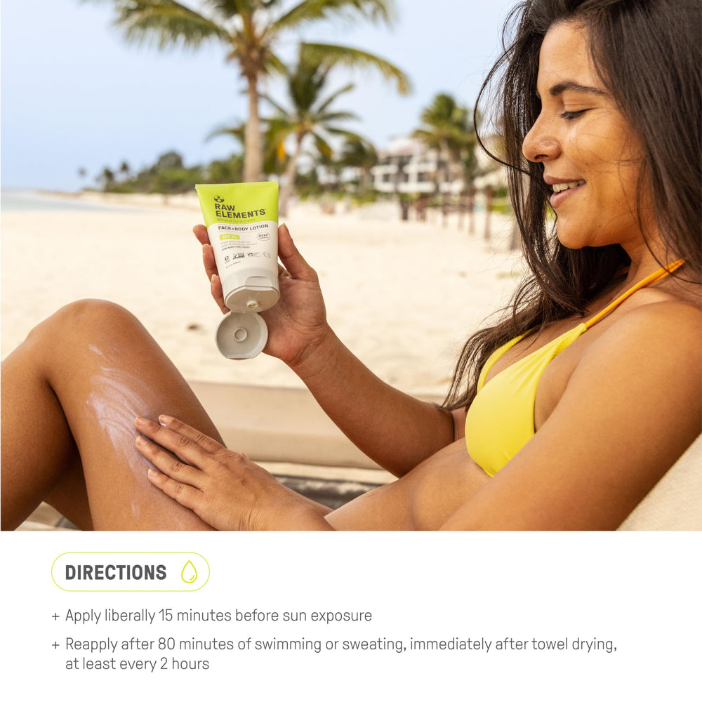 Raw Elements reef-safe formulation headline communicates environmentally friendly sun protection.