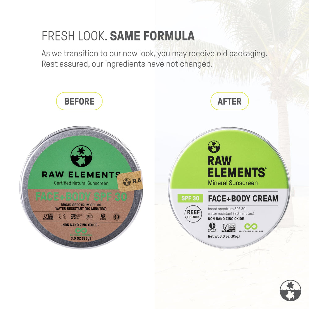 Raw Elements SPF30 tin opened close-up highlights easy application and eco packaging