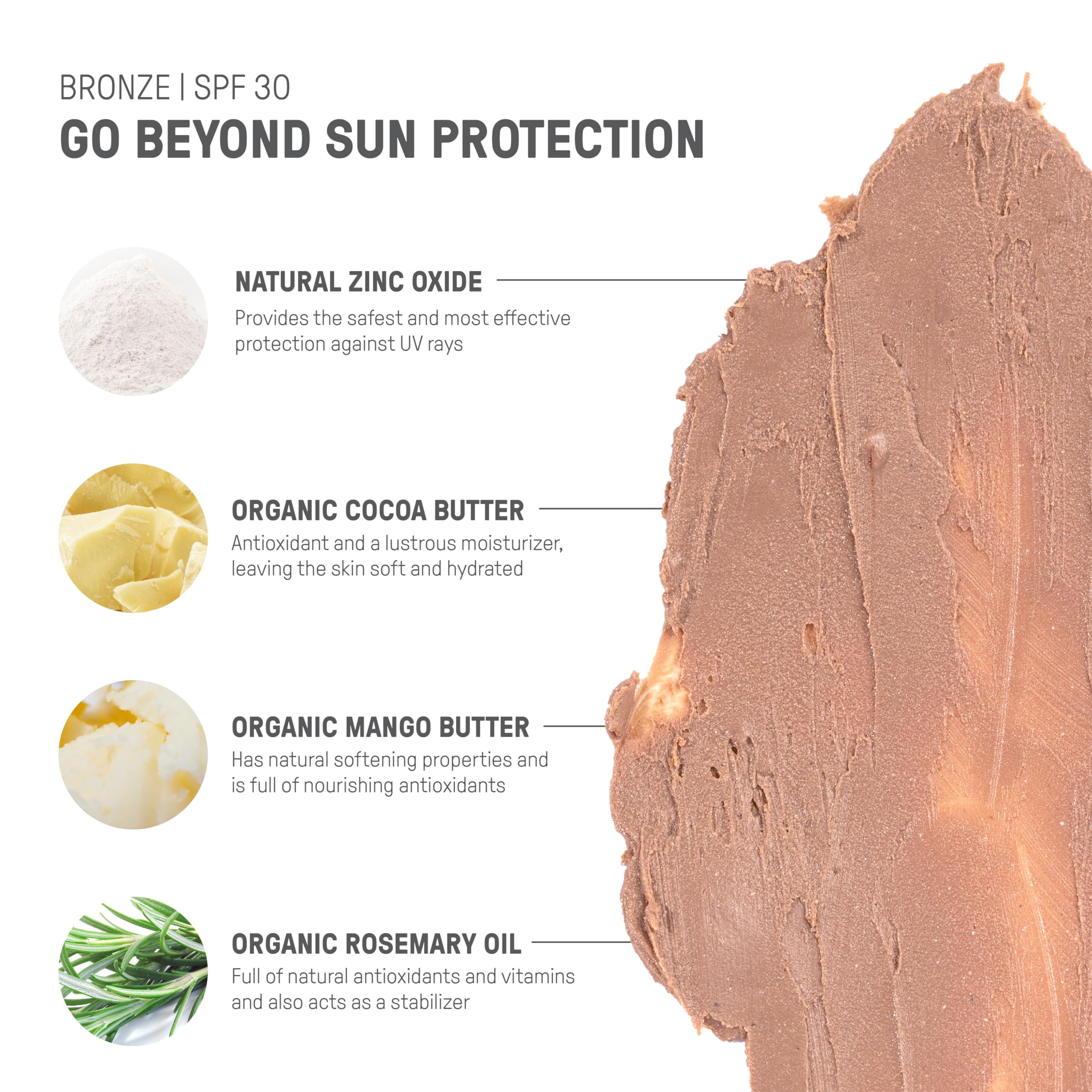 Raw Elements SPF 30 tinted cream swatch in bronze shade on arm.