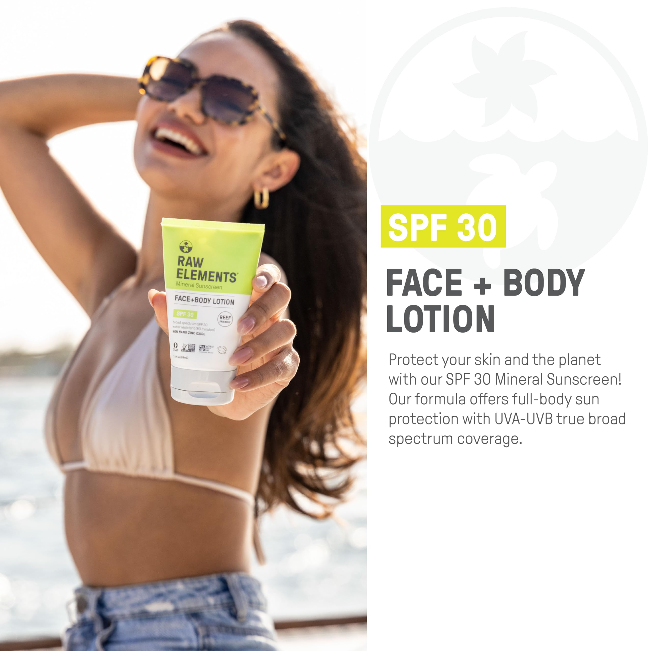 Raw Elements sunscreen on body demonstrates broad coverage with gentle, skin-nourishing minerals during outdoor activities.