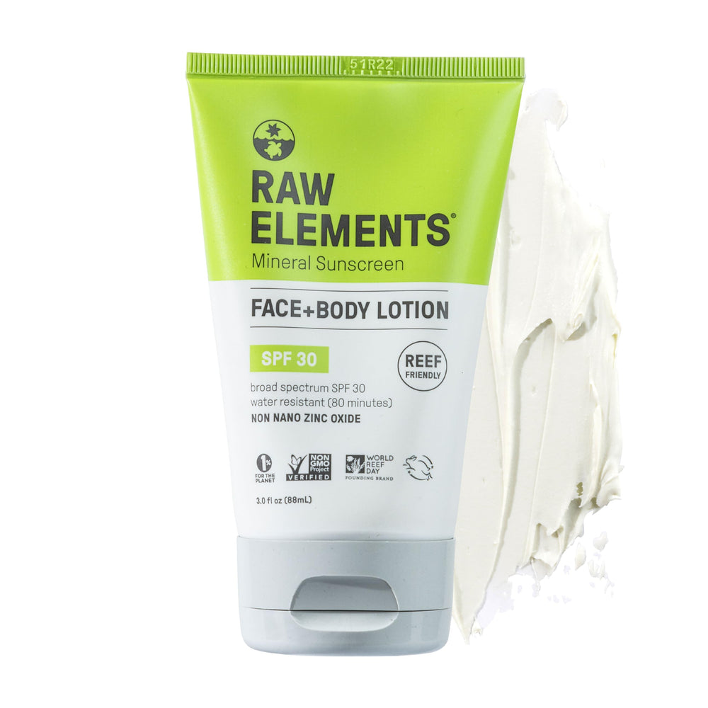 Raw Elements sunscreen tube packaging highlights eco-friendly materials for reef-safe daily protection.