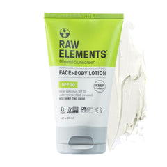 Raw Elements sunscreen tube packaging highlights eco-friendly materials for reef-safe daily protection.