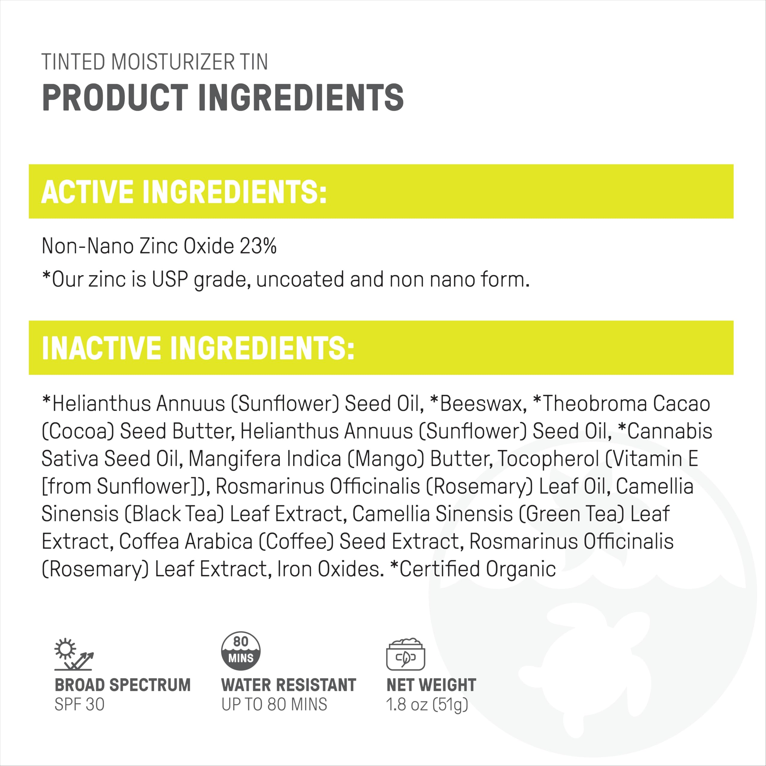 Raw Elements water-resistant tint indicating long-lasting sun protection.