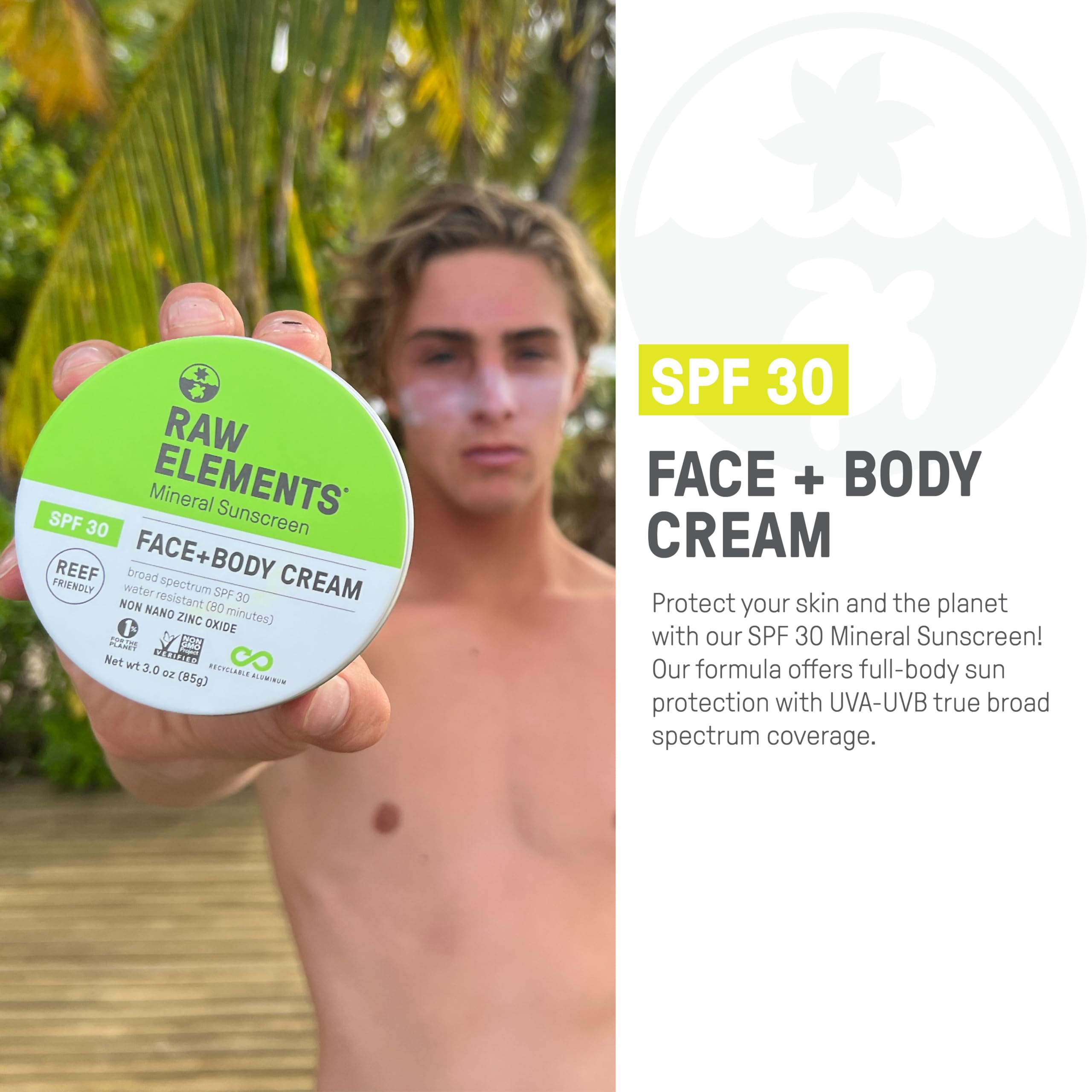 Raw Elements zinc oxide close-up reveals mineral sunscreen for UVA-UVB coverage