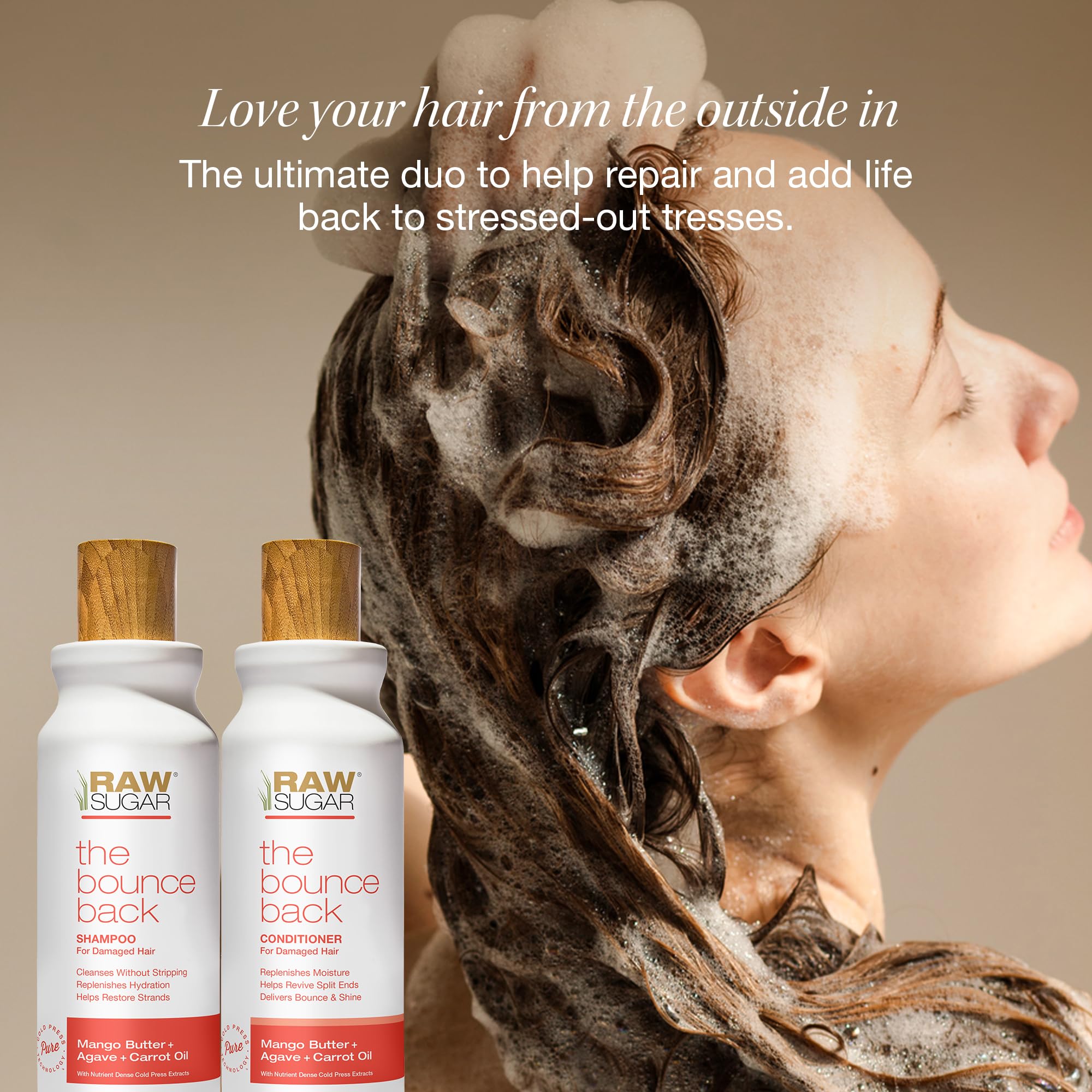 Raw Sugar Bounce Back conditioner bottle close-up highlights smoothing for smoother, more manageable hair.
