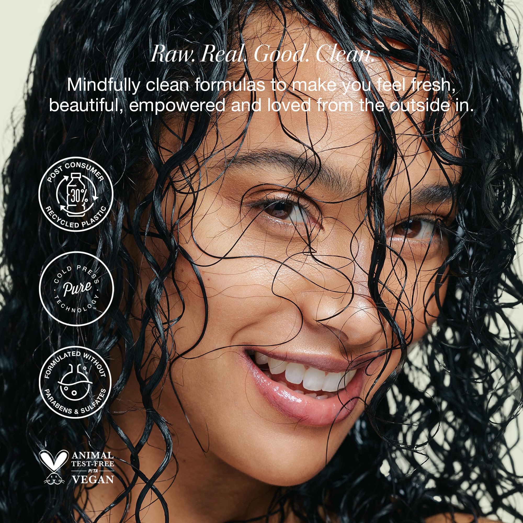 RAW SUGAR coconut oil drop emphasizes softness and manageability.