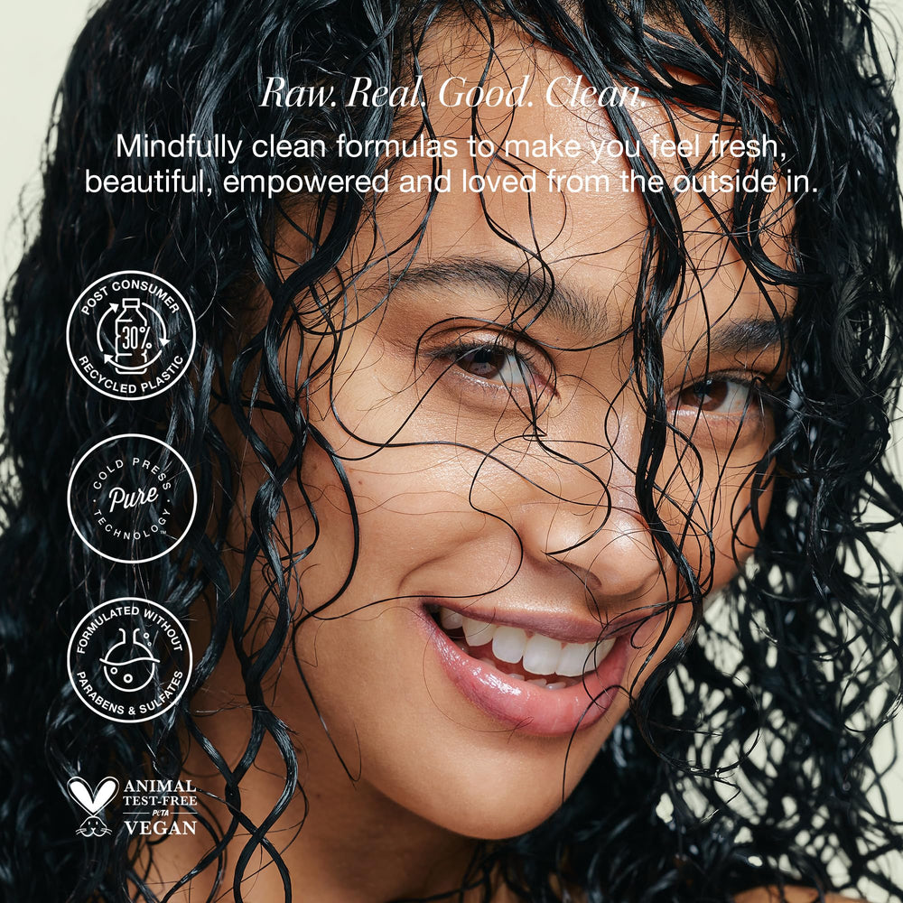 RAW SUGAR coconut oil drop emphasizes softness and manageability.