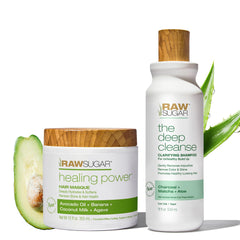 RAW SUGAR Deep Cleanse Shampoo bottle demonstrating clarifying cleanse for a refreshed scalp.
