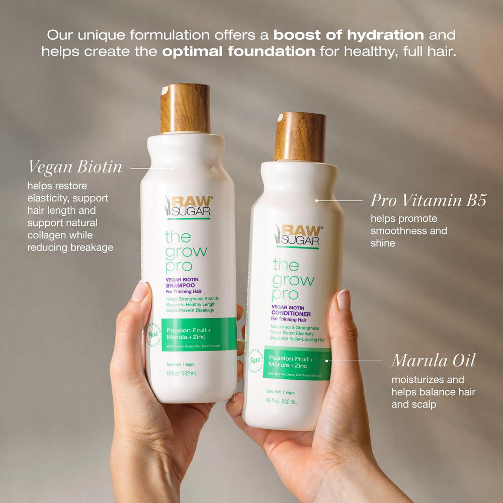 RAW SUGAR Grow Pro Conditioner bottle features marula and passion fruit for hydration.