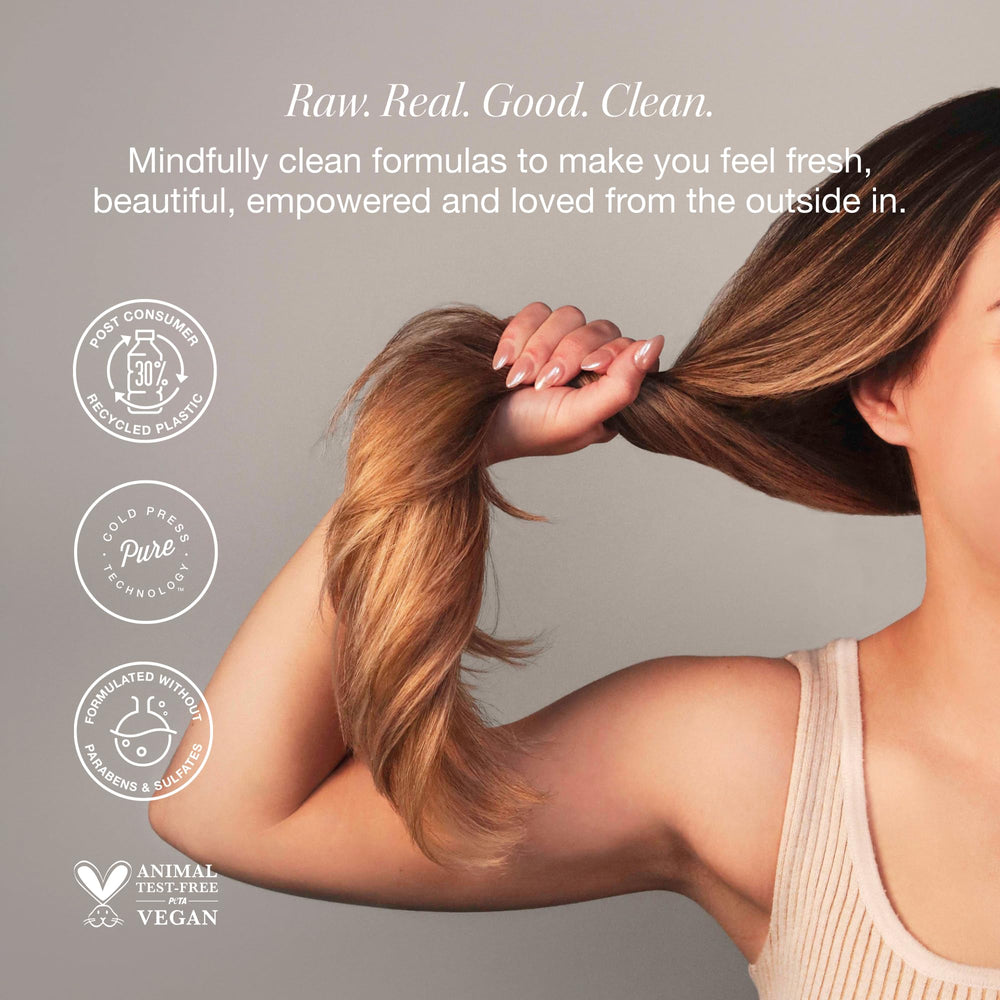 RAW SUGAR Grow Pro formula features passion fruit and marula botanicals for scalp hydration.
