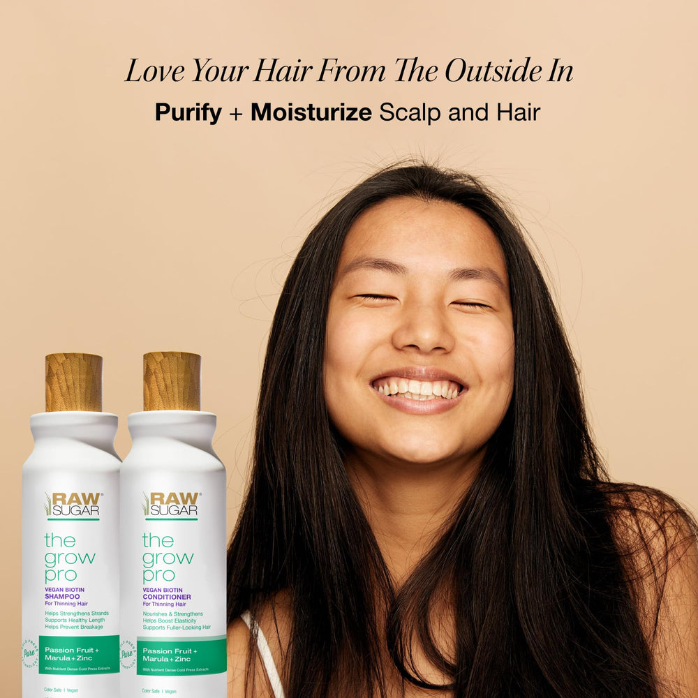 RAW SUGAR Grow Pro Shampoo lather close-up showing gentle cleansing for thinning hair.