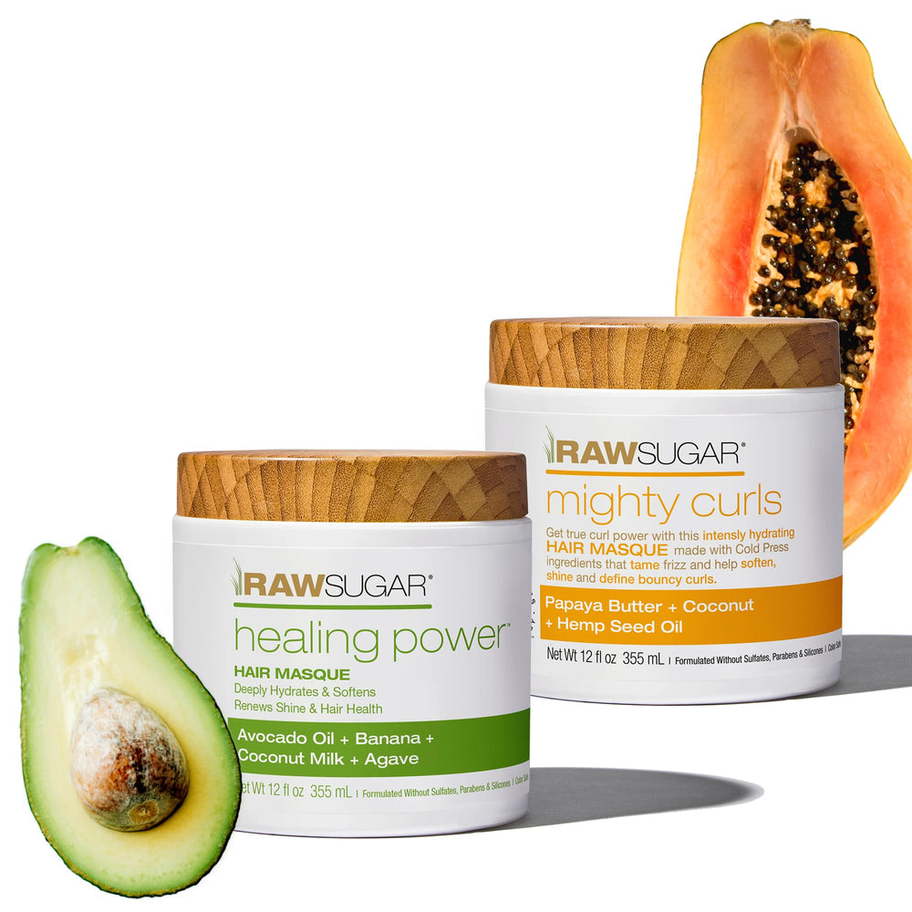 RAW SUGAR Healing Power Masque Duo packaging shows two jars for nourishing hair care.