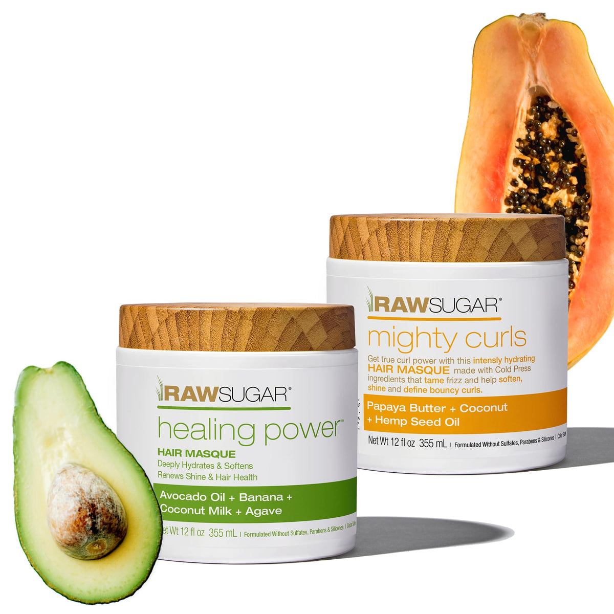 RAW SUGAR Healing Power Masque Duo packaging shows two jars for nourishing hair care.