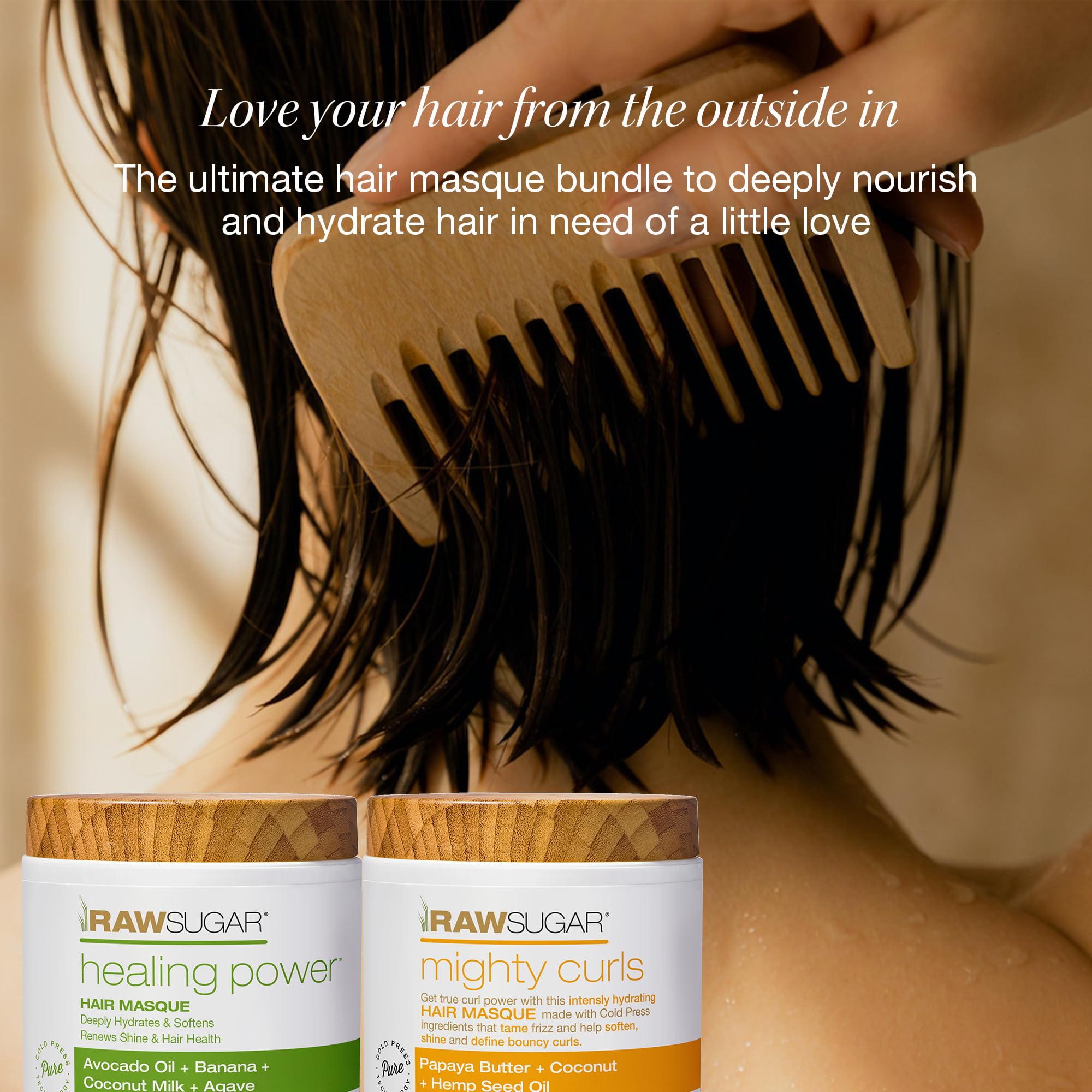 RAW SUGAR Healing Power Masque jar closeup highlights creamy, hydrating texture.