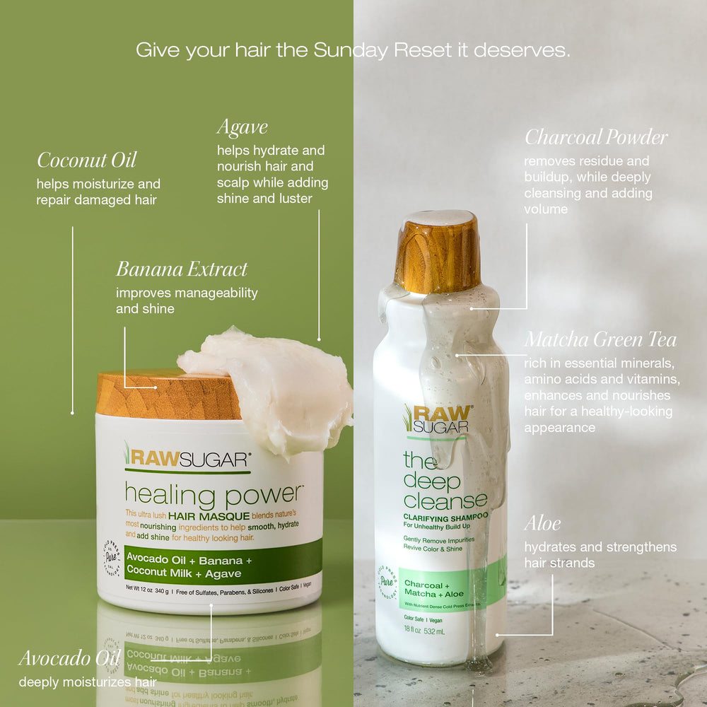 RAW SUGAR Healing Power Masque jar highlighting deep moisture for dry hair.